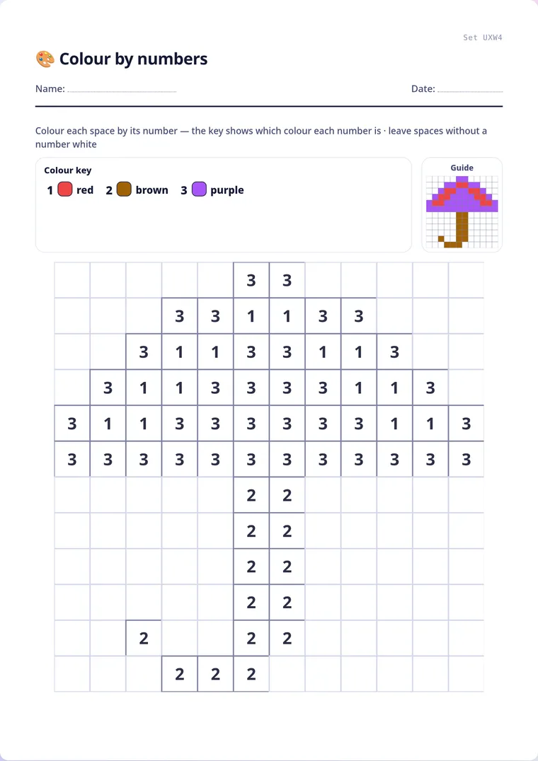 A real sheet: Colour by numbers