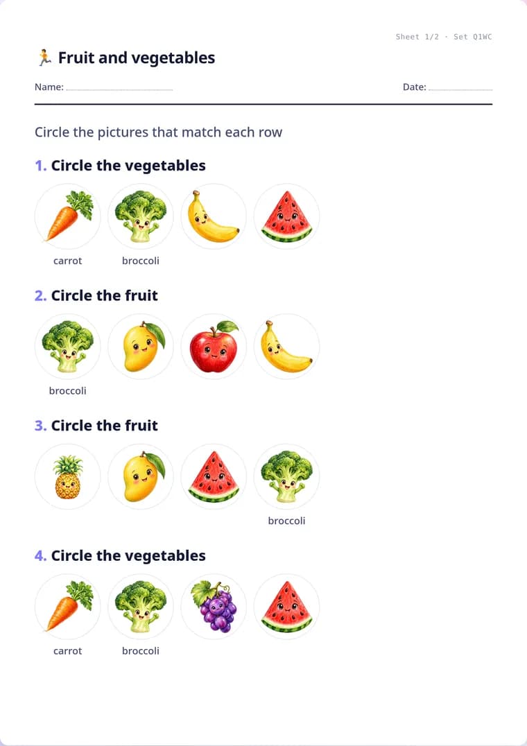 A real sheet: Fruit and vegetables