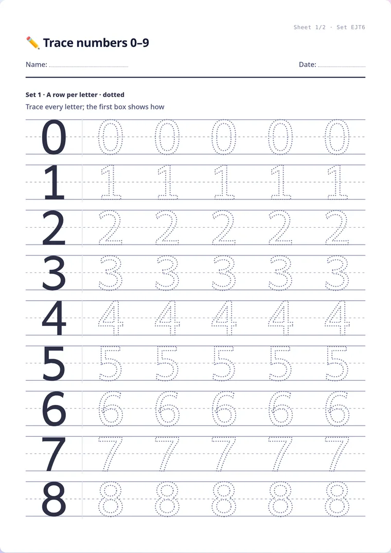 A real sheet: Trace numbers 0–9