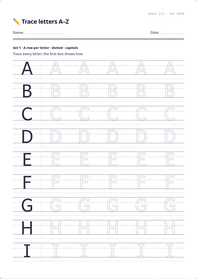 A real sheet: Trace letters A–Z