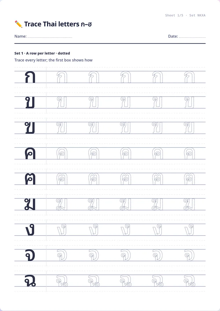 A real sheet: Trace Thai letters ก–ฮ