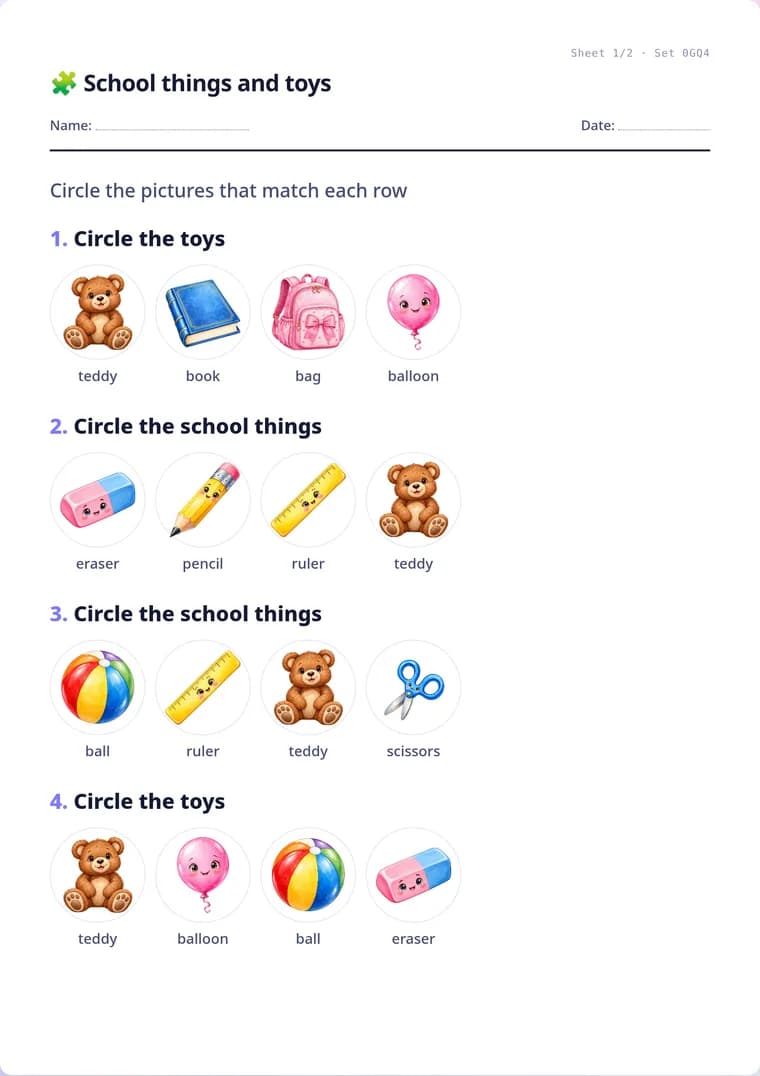 A real sheet: School things and toys