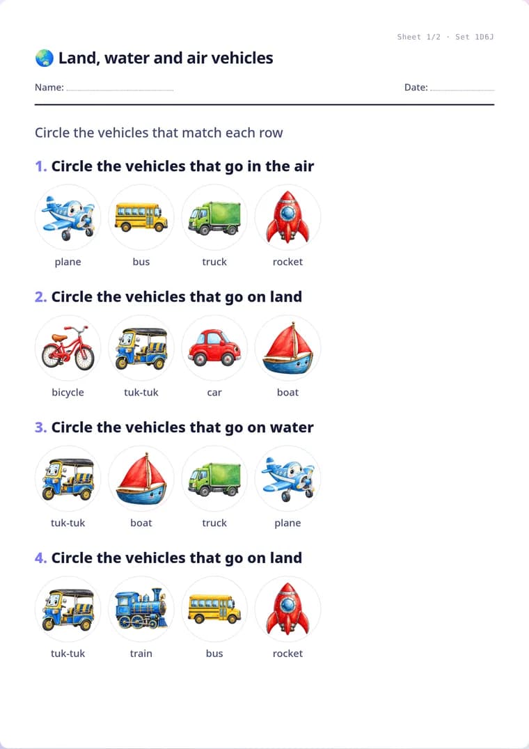 A real sheet: Land, water and air vehicles