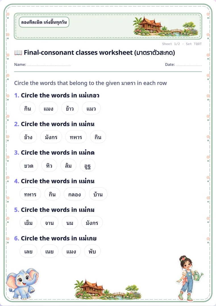 Thai final-consonant classes (มาตราตัวสะกด)