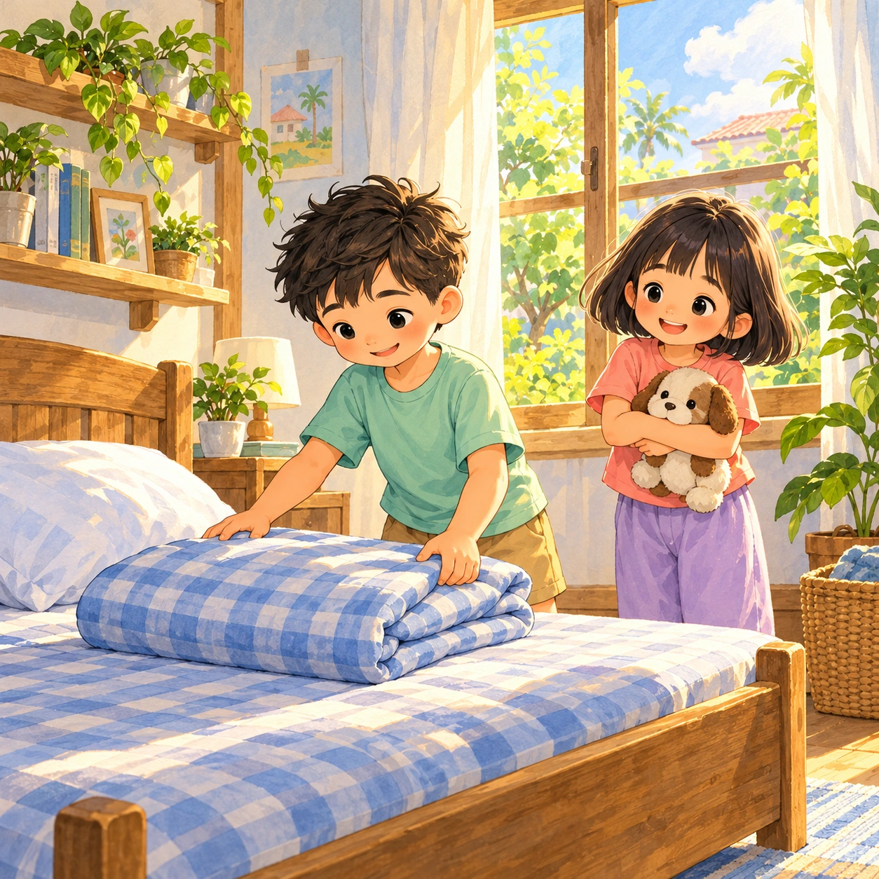 ต้นกล้าพับผ้าห่มบนเตียงด้วยตนเอง