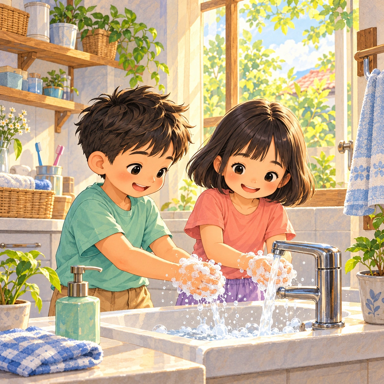 ต้นกล้าและใยไหมล้างมือด้วยสบู่ที่อ่างน้ำ