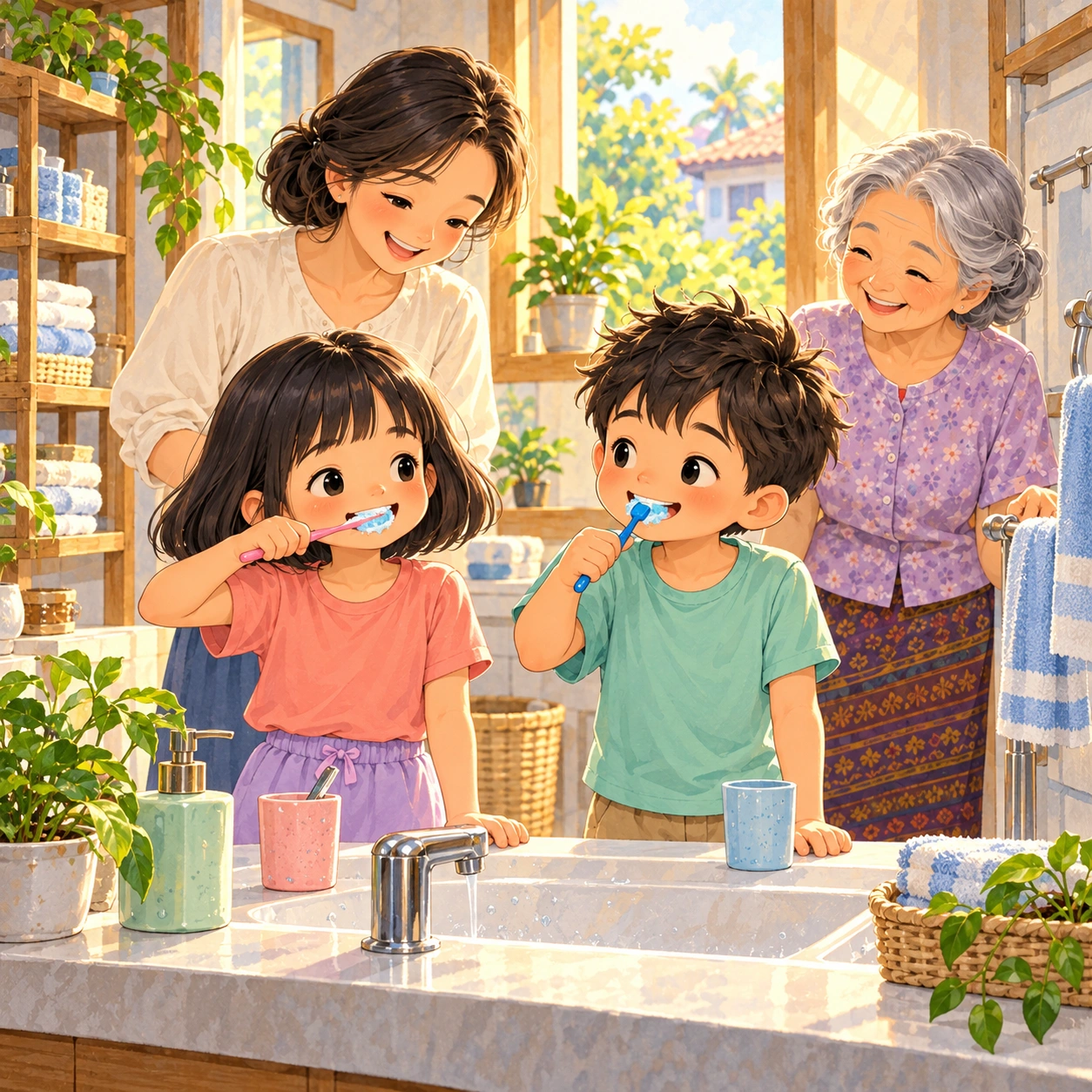 ใยไหมแปรงฟันที่อ่างน้ำ ต้นกล้าถือแปรงของตนรออยู่ข้าง ๆ