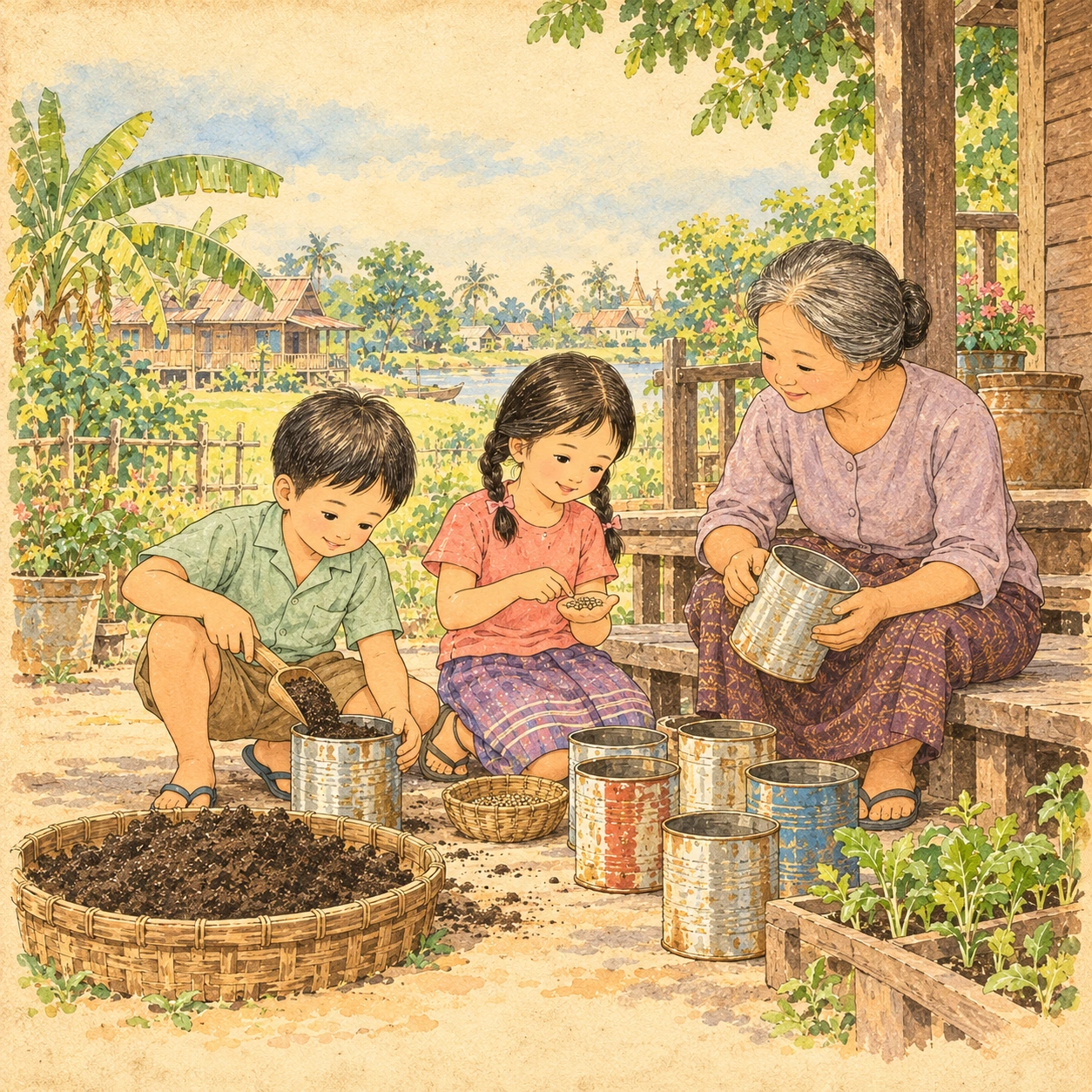 ยายช่วยเตรียมภาชนะสะอาดขอบเรียบ ภูผาตักดิน และข้าวหอมถือเมล็ดผัก