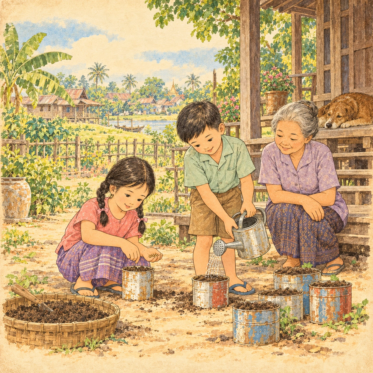 ข้าวหอมปลูกเมล็ดในภาชนะเล็ก ภูผารดน้ำ โดยมียายอยู่ใกล้ ๆ