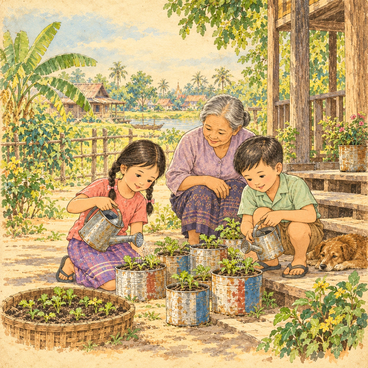 ข้าวหอมกับภูผาดูต้นอ่อนที่งอกขึ้นในภาชนะและช่วยกันรดน้ำ