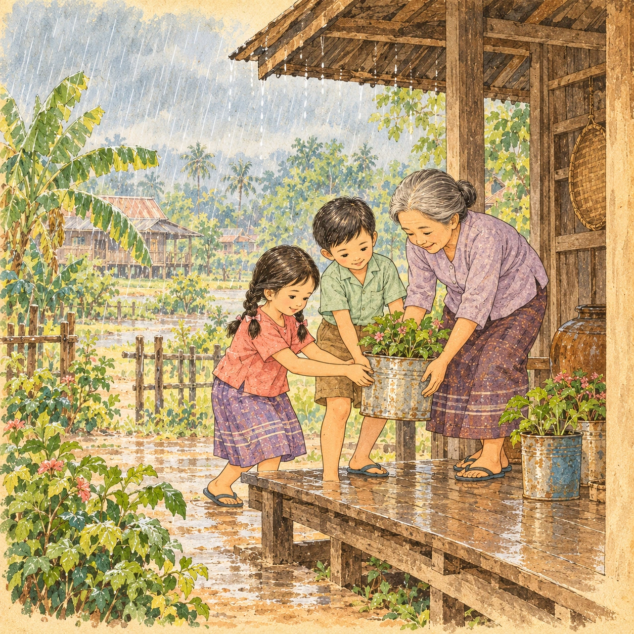ยายช่วยข้าวหอมและภูผาย้ายกระถางเล็กเข้าที่ร่มบนระเบียงเมื่อฝนตก
